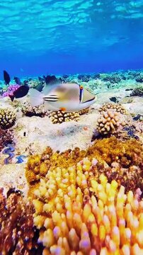 Picasso triggerfish swimming over coral reef. Tropical marine life in clear blue ocean water.