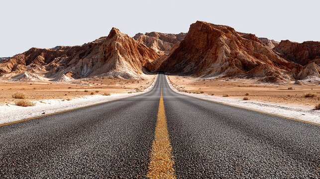 Endless Horizon: An empty asphalt road stretches towards a majestic mountain range under a clear sky, symbolizing journey, exploration, and the pursuit of distant goals.