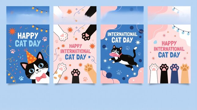 Happy international cat day square cover set. Cute cats and funny kitten, paw foot design collection with flat color in different poses. Adorable pet animals illustration for international cat day. 