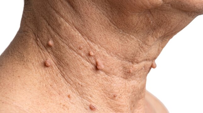 Multiple skin tags or acrochordons on the neck of a patient