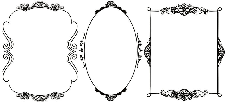 A collection of three elegan vintage decorative frame featuring delicate ornamental element, flourishes, and clean Black Line. Includes wavy border, oval, and rectangular shape, for wedding invitation