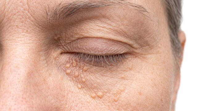 Close up of middle aged woman eye with syringoma or xanthelasma skin condition, skin tags and cholesterol deposits under the eye
