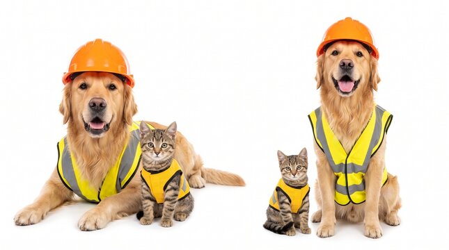 golden retriever wearing a construction helmet and a small kitten with a safety vest perfect for International Workers' Day promotions. on transparent background