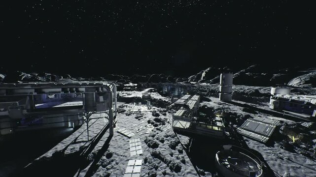 lunar solar array field harvesting sunlight with rows of panels, battery banks and inverters, reflective surfaces and power conduits linking to habitat modules