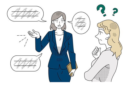 女性同僚間で言語の違いにより説明が理解できないコミュニケーション問題のビジネスイラスト
