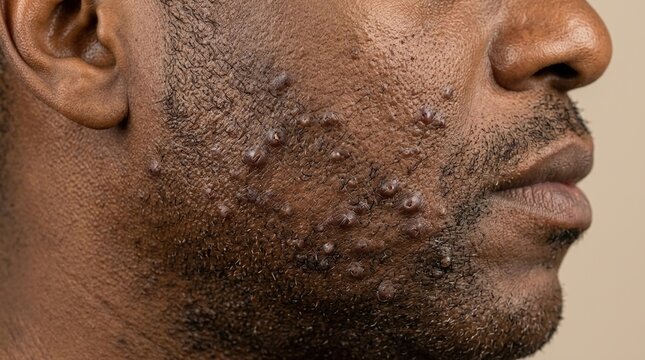 Profile of black male face with severe cystic acne and pseudofolliculitis barbae