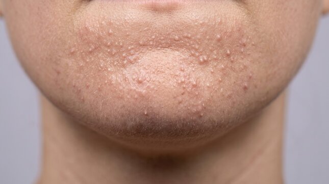 Close up of closed comedones and textured skin on female chin