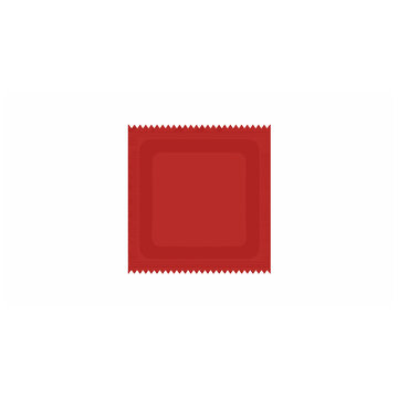 Red condom wrapper, a single square contraceptive packet with serrated edges, isolated on a clean white background, symbolizing safe sex, protection, and family planning.