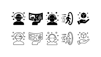 Fototapeta premium Virtual Reality and Metaverse Technology Icon Set in Silhouette and Outline Style
