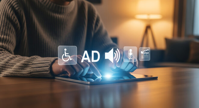Person using a tablet with digital accessibility icons for audio description and disability support.