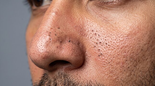 Close-up of clogged pores and blackheads on a man nose and cheek
