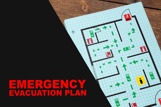 Emergency evacuation plan for a building including safe routes and exit points