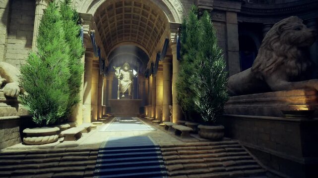monumental entrance guarded by lion sculptures, wide stone steps, flanking columns and symmetrical layout create imposing welcome, perfect for landmark
