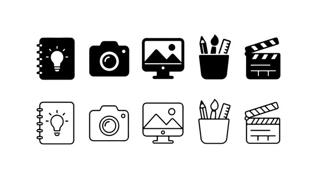 Creative Design Process Icon Set in Solid Silhouette and Linear Outline Style