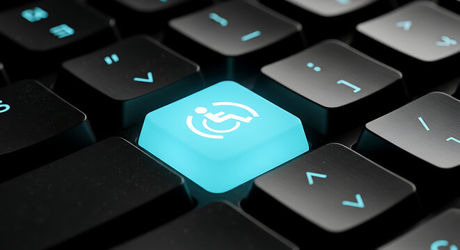 A glowing blue key with a wheelchair accessibility icon on a black computer keyboard.