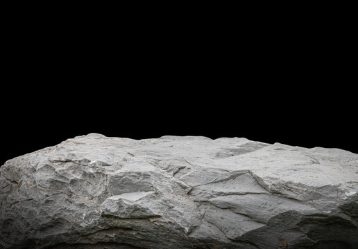 Rough Stone Podium Isolated on Black Background, Natural Gray Rock Pedestal for Product Display. 