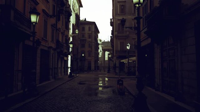 deserted market street at early morning, shuttered stalls and empty awnings, wet cobbles reflecting faint light, quiet commercial artery awaiting daily bustle,