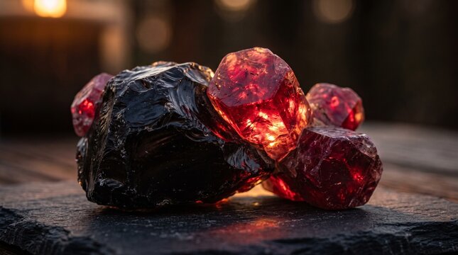 Raw red garnet crystals embedded in a dark volcanic rock matrix, glowing in warm ambient light