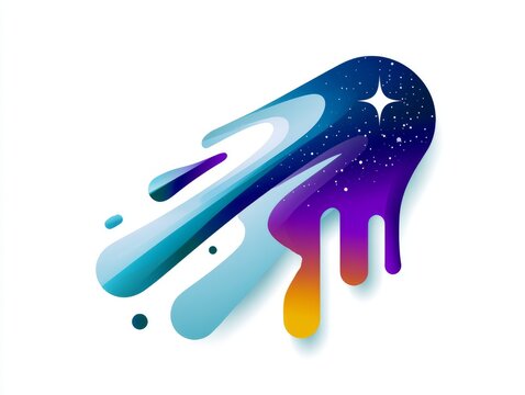 Abstract space symbol of falling star with flowing gradient trail, minimal design composition, white background, modern celestial vector illustration style. 