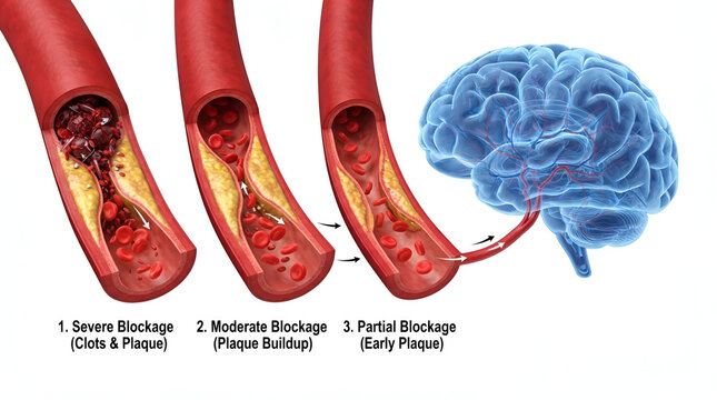 Cerebral Artery Blockage Illustration A graphic depiction illustrates the progression of artery blockage showing severe moderate
