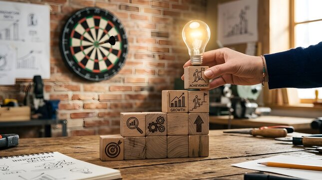 Wooden Business Growth Blocks with Target, Analytics, and Strategy Symbols on Office Desk