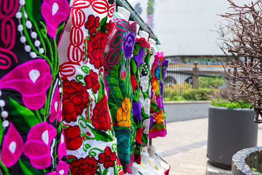 Traditional Mexican Embroidered Aprons With Colorful Floral Patterns