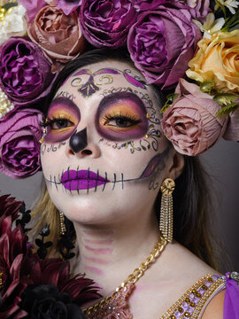 Portrait of Woman With Day of the Dead Makeup and Floral Crown