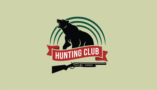 Retro hunting club emblem logo template featuring a black bear silhouette, a red banner, and a shotgun below.