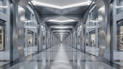 Naklejka premium Sleek, futuristic long corridor with abstract geometric architecture, polished metal, glass walls, and reflective floor, creating a modern, high-tech, and minimalist interior design