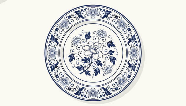 Traditional Chinese porcelain plate with classic blue and white floral and peony patterns on white background.