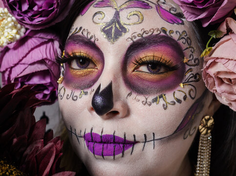 Portrait of Woman With Day of the Dead Makeup and Floral Crown
