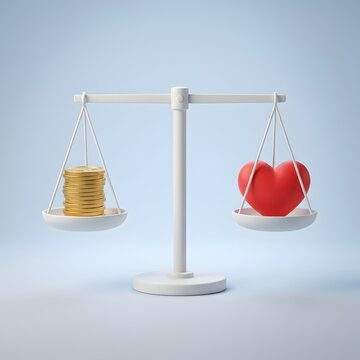 Balance scale weighing gold coins against red heart for charity