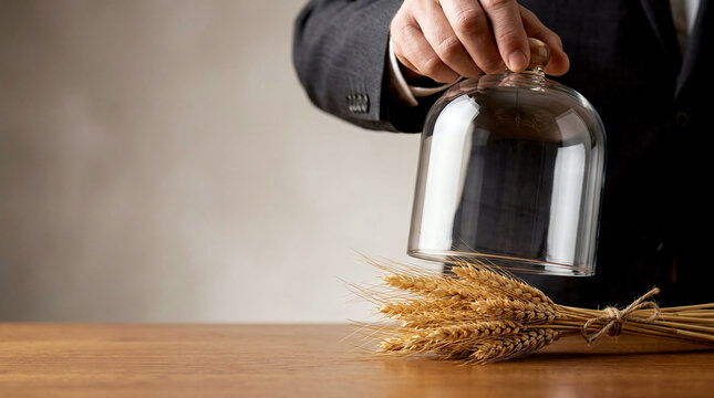 Close-up of businessman placing glass dome cover over sheaf of wheat on wooden table symbolizing food export controls during international trade disputes
