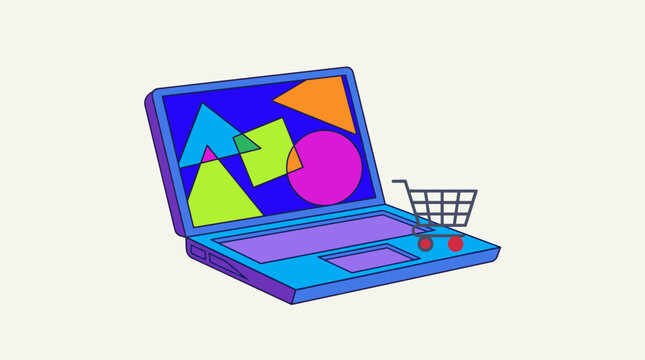 Stylized Flat Design Laptop with Geometric Shapes on Screen and Shopping Cart Icon, Digital Commerce Concept, Vector Illustration