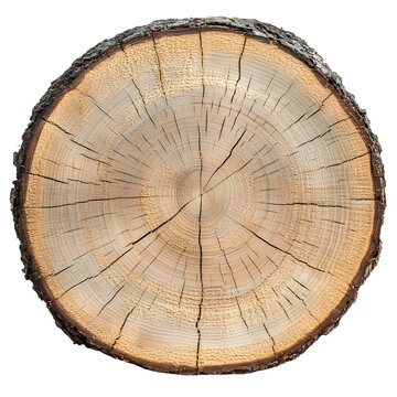 Tree log cross section with growth rings and bark on isolated background.