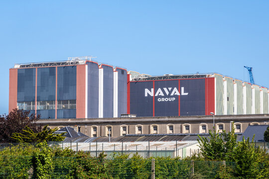 Cherbourg, France - July 21, 2026: View of the Naval Group factory, a French industrial group specializing in naval defense construction, primarily owned by the French State and Thales.