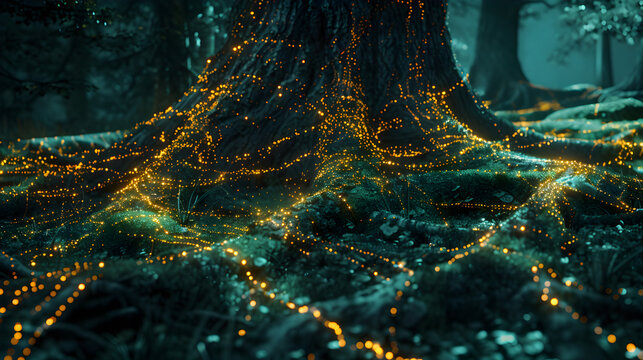 Magical Glowing Bioluminescent Tree Roots in Enchanted Night Forest
