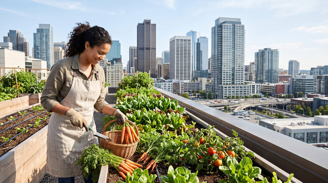 Woman harvesting fresh vegetables in a rooftop urban garden