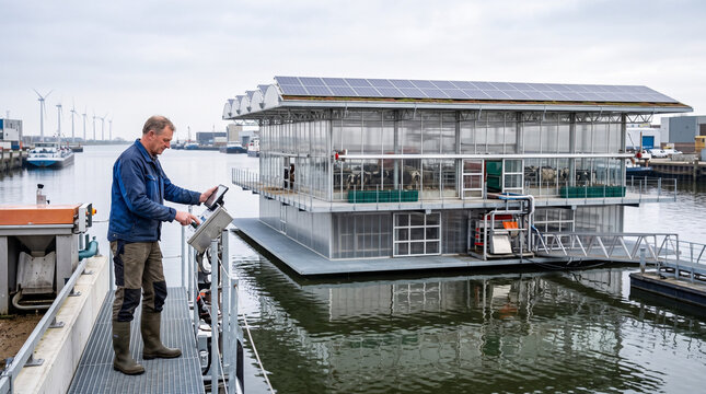 Farmer operating controls on a floating dairy farm in a harbor