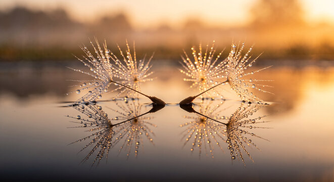 dandelion seeds dew reflection sunrise