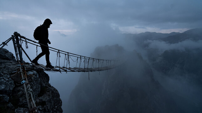 Silhouette of a hiker crossing a dangerous rope bridge in thick fog