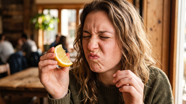 Young woman making a puckered face after tasting a sour lemon