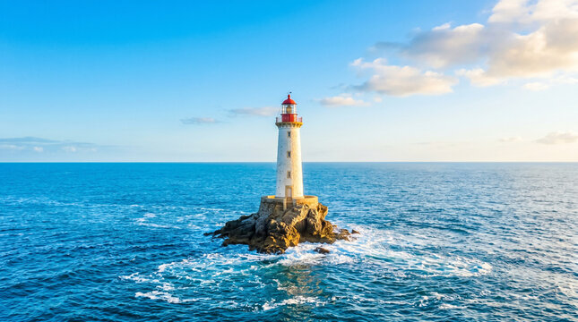 White lighthouse on a rocky outcrop in the middle of the vast ocean