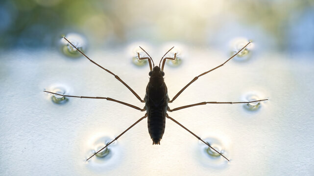 Water strider insect resting on the surface tension of a pond