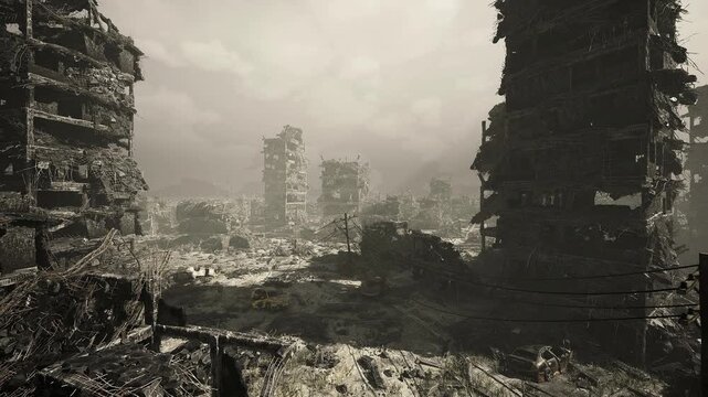 Towering skeletal structures rising from cracked asphalt and dust, exposed girders and chimneys, industrial silhouettes against murky sky, stark sense of decay