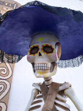 La Catrina Skeleton Figure Wearing Traditional Mexican Hat for Day of the Dead Celebration