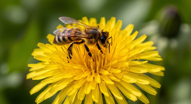 Macro shot of a bee pollinating a spring dandelion