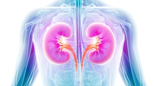 Human Kidney Anatomy: A detailed 3D illustration showcasing the internal structure of human kidneys, highlighting their pink, bean-shaped form and the ureters connecting to the renal pelvis.