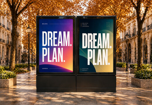 Double Vertical Billboard Mockup on Autumn City Street