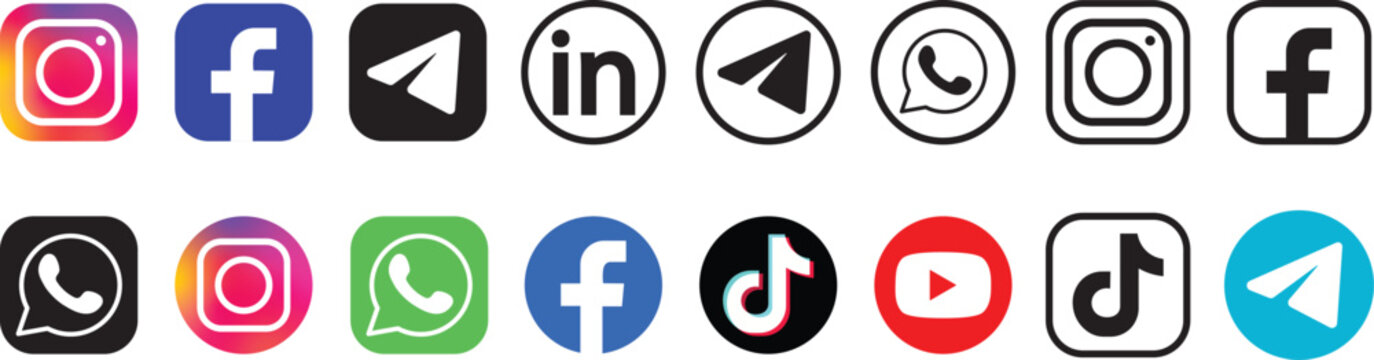 Popular social media and messaging app logo icon set. Facebook, Instagram, WhatsApp, and Telegram communication platform symbol collection. TikTok, YouTube, and LinkedIn digital media logo vector illu